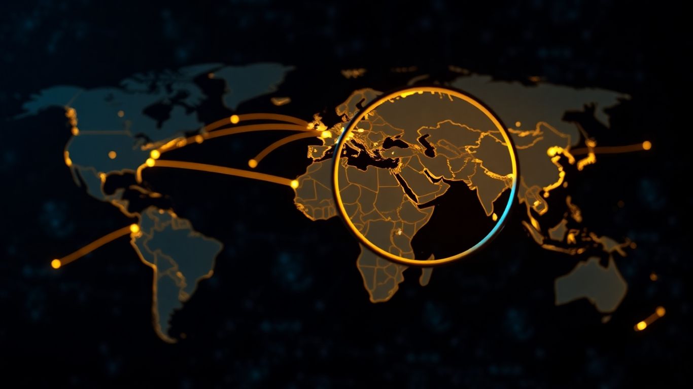 Mapa do mundo com linhas conectando países e um smartphone.