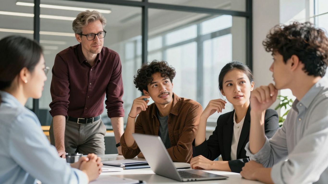 Antreprenori discutând într-un birou modern, plin de lumină.