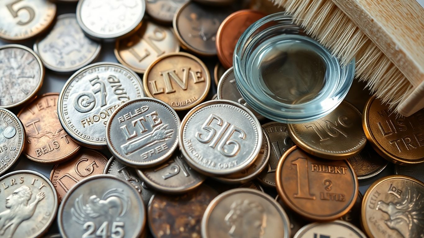 Coins and cleaning supplies for coin preservation.