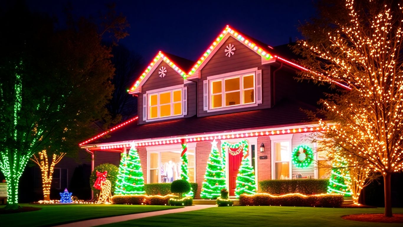 Home with permanent Christmas lights glowing warmly.