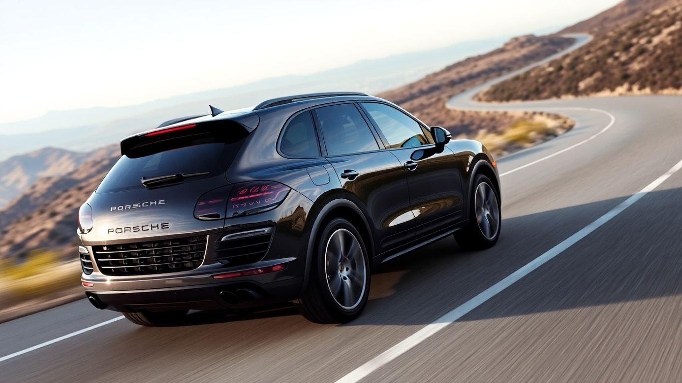 Porsche Cayenne driving on a scenic road.