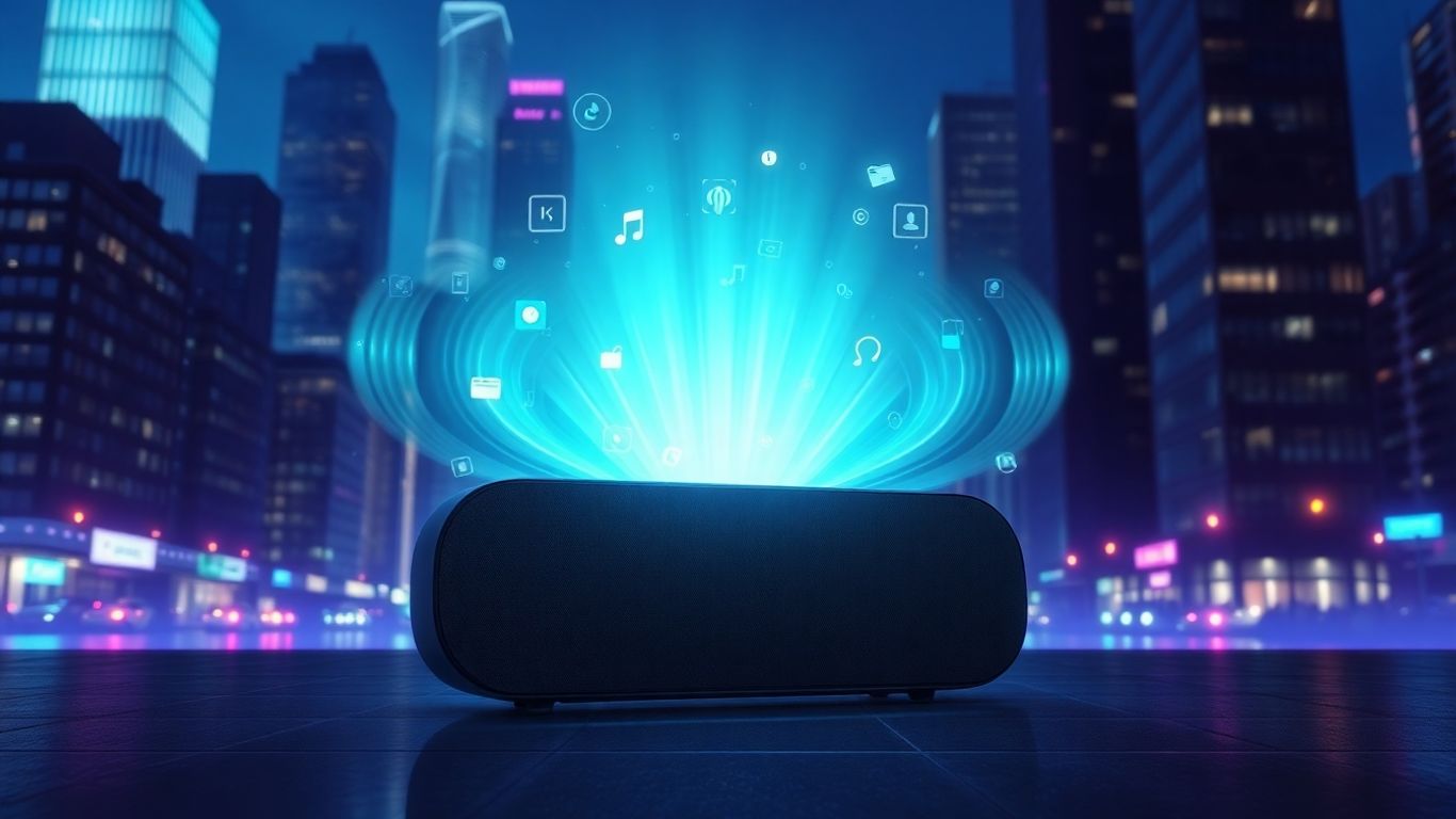 Futuristic smart speaker with glowing sound waves.