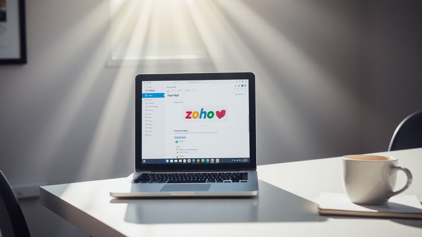 Zoho Mail pricing overview on a laptop screen.