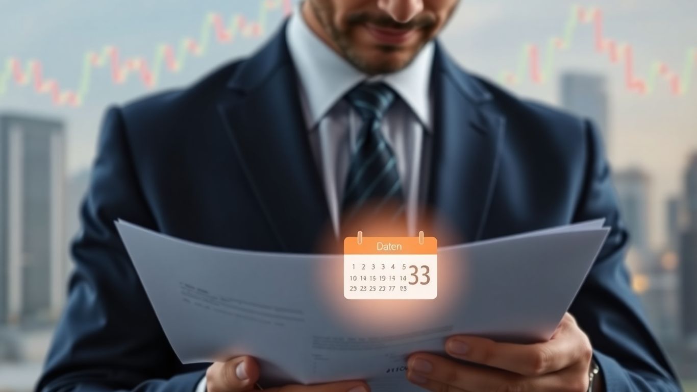 Documento financeiro com calendário e cidade ao fundo.