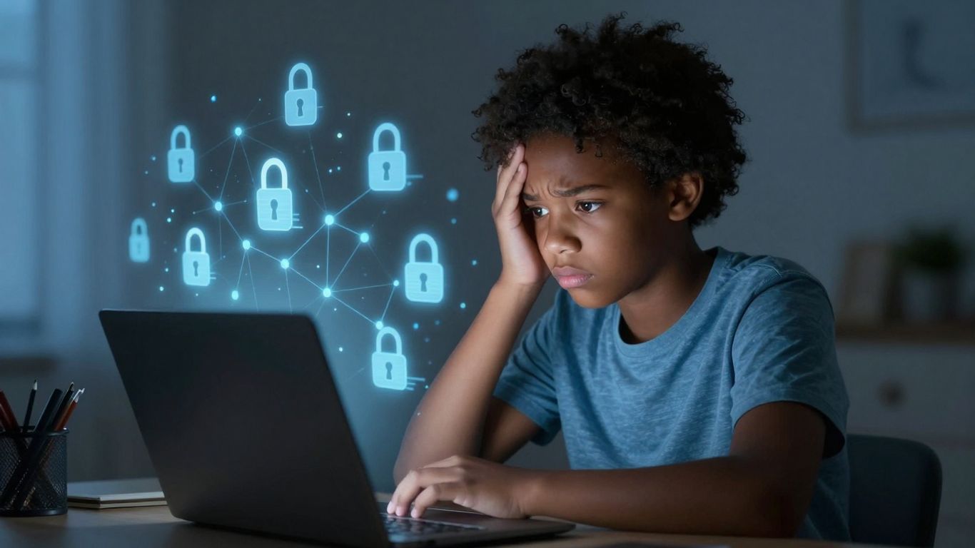 Student using laptop with digital lock icons.