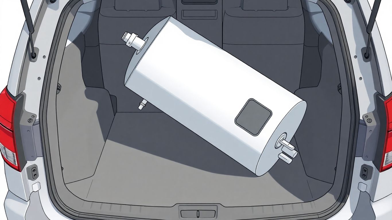 Water heater tilted on its side in a vehicle.