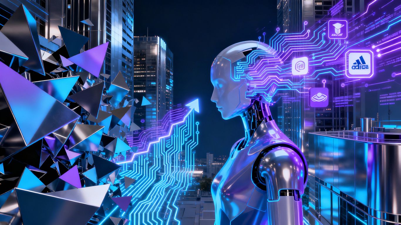 AI and marketing integration in a futuristic balanced cityscape.