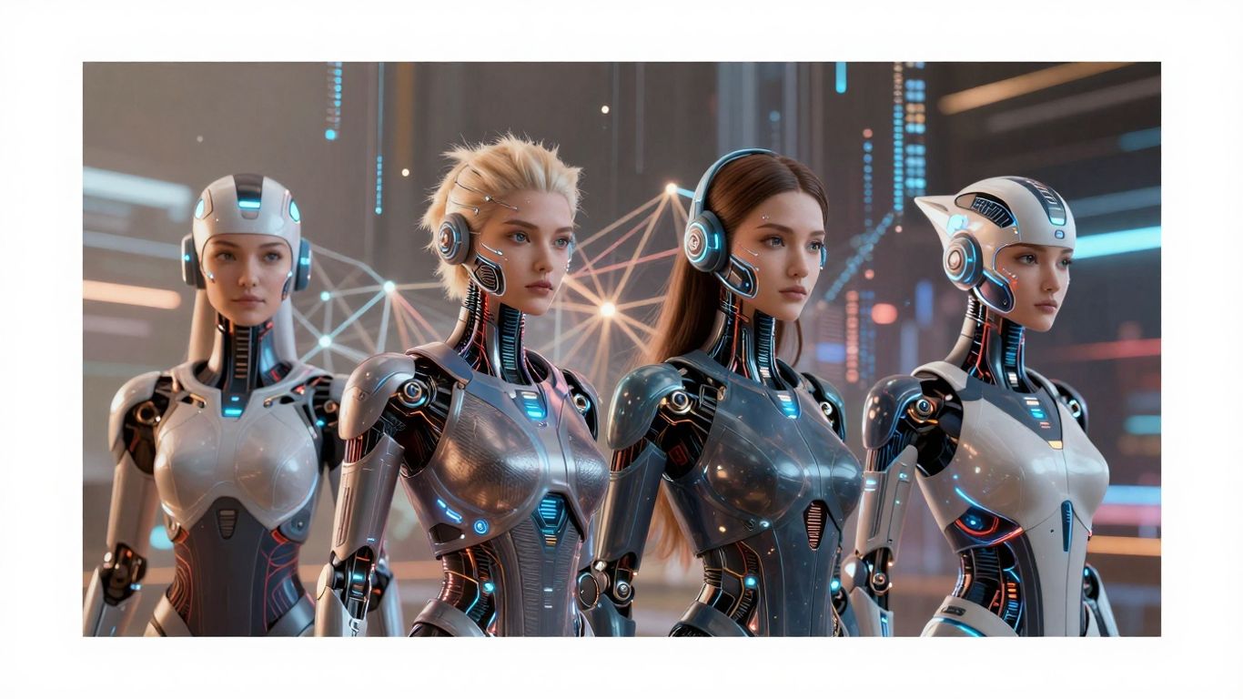 Four futuristic AI avatars in a digital network.