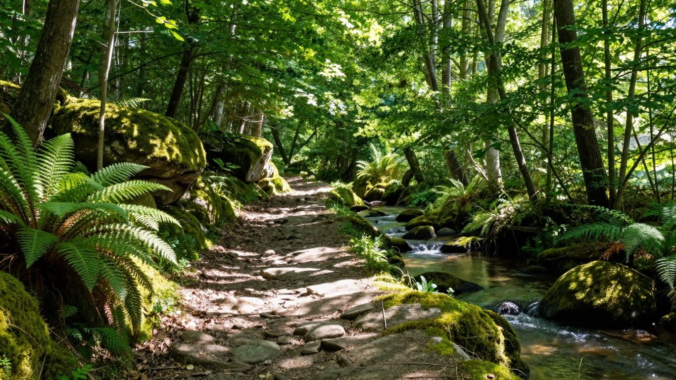 Sonniger Waldweg mit Bach und grünen Bäumen