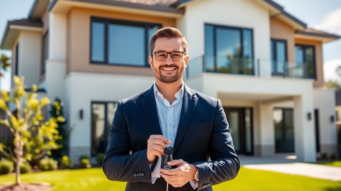 Real estate broker holding keys in front of a house.