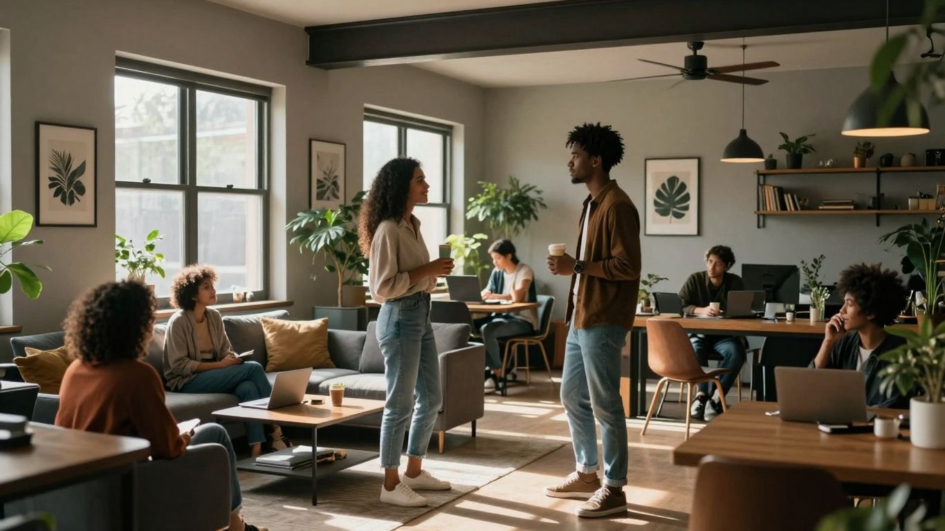 Spațiu comun modern într-un apartament de coliving.