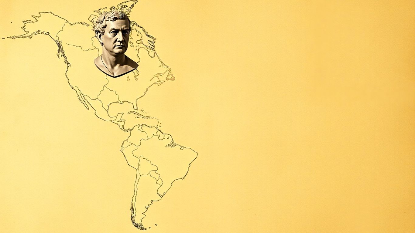 Map of Americas with classical bust overlooking continents.