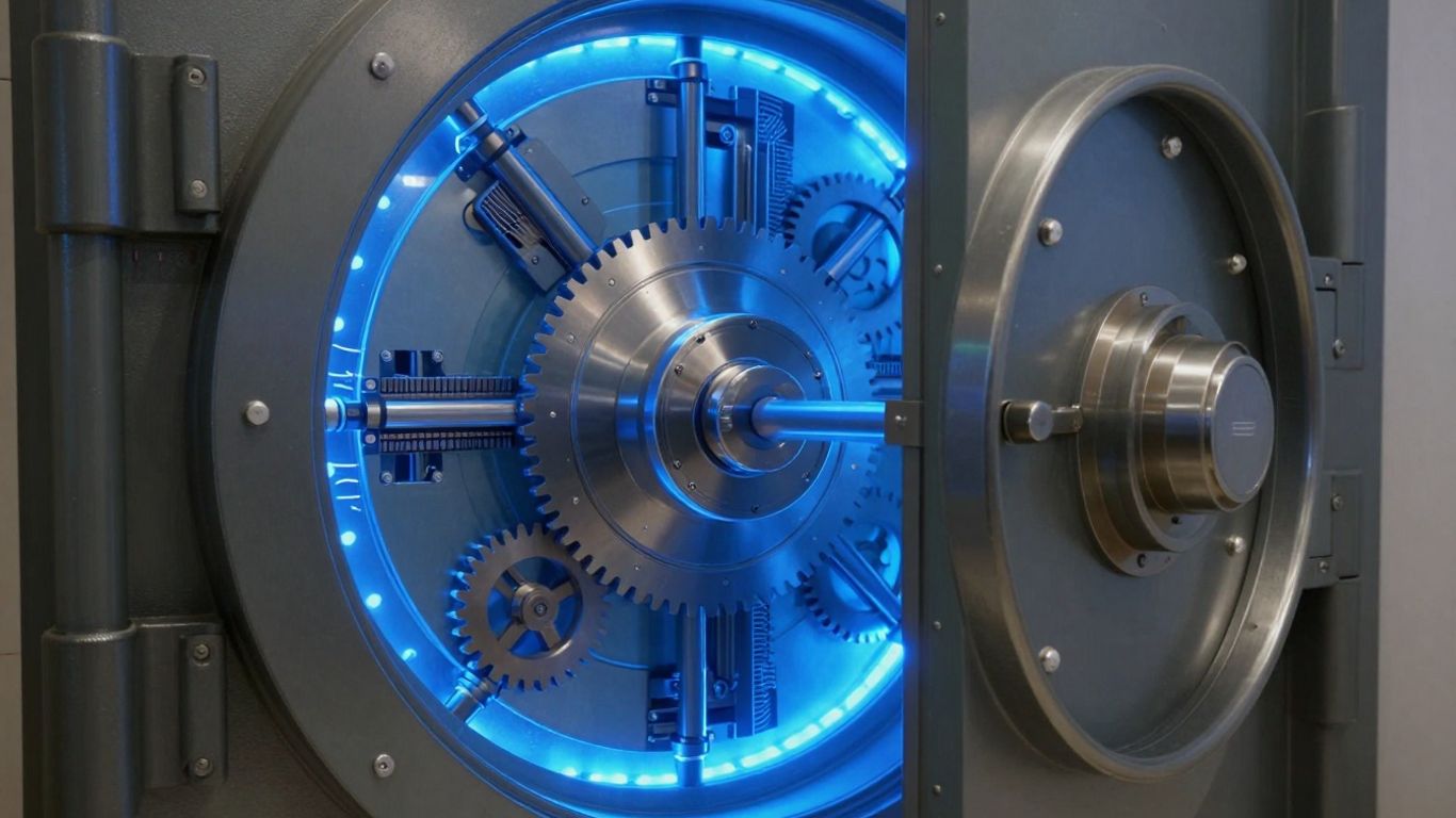 Secure digital vault with glowing blue light and gears.