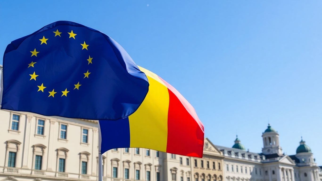 Steaguri UE și România în fața unor clădiri istorice.