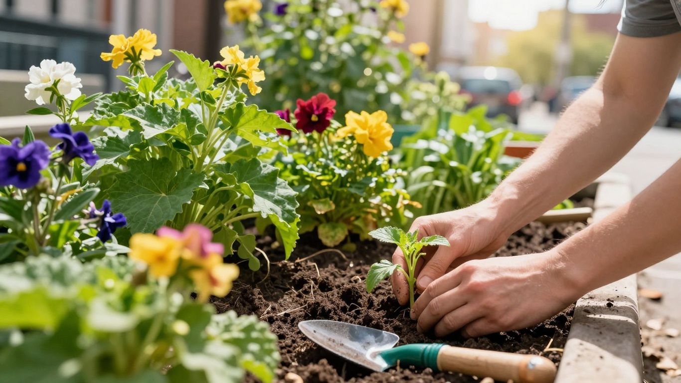Stadtgärtner pflegen Pflanzen im urbanen Garten.