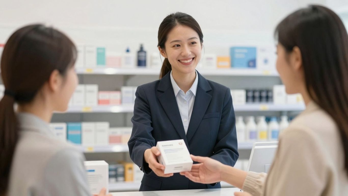 Salesperson offering customer an upgraded product with a smile.