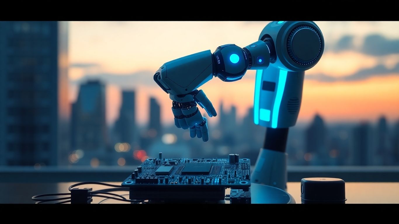 Futuristic robot arm assembling a circuit board.