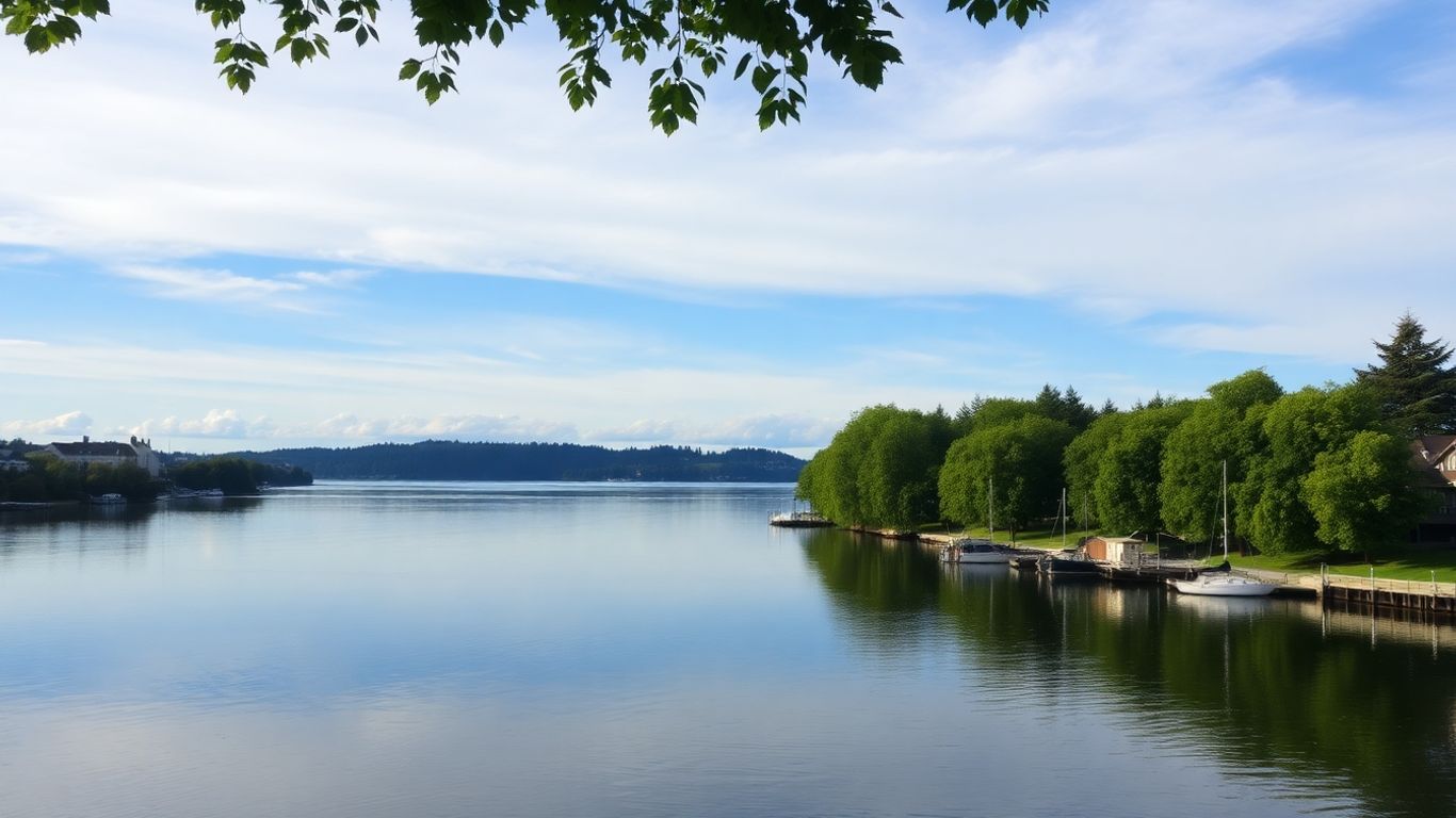 Kenmore waterfront with river, trees, and boats.