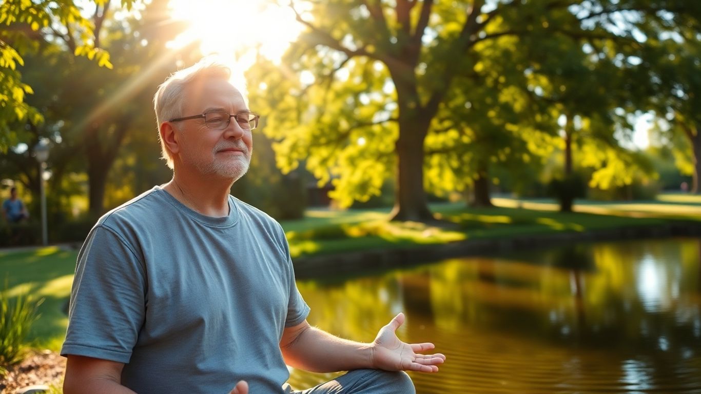 Adult meditating peacefully outdoors by a pond.