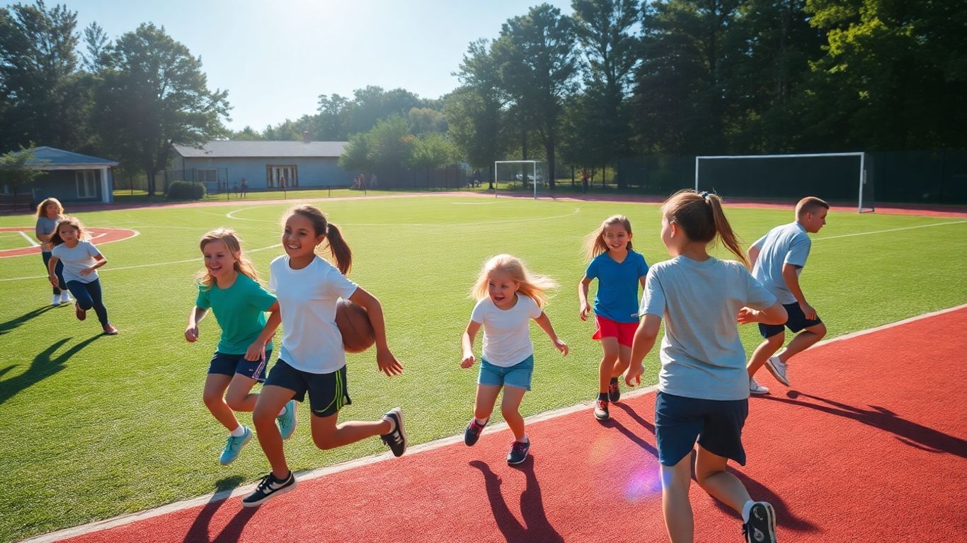 Schüler bei sportlichen Aktivitäten auf einem sonnigen Feld.