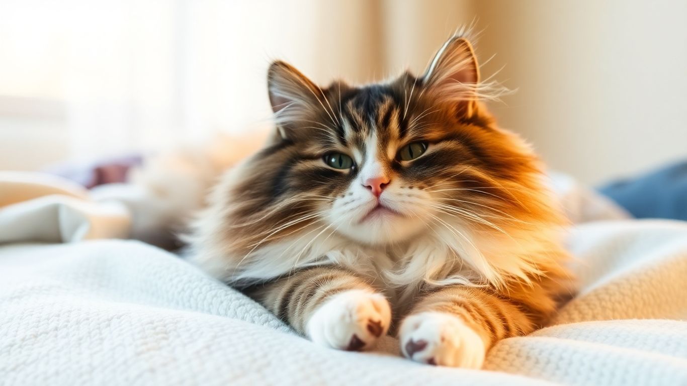 Contented cat relaxing on a soft blanket.