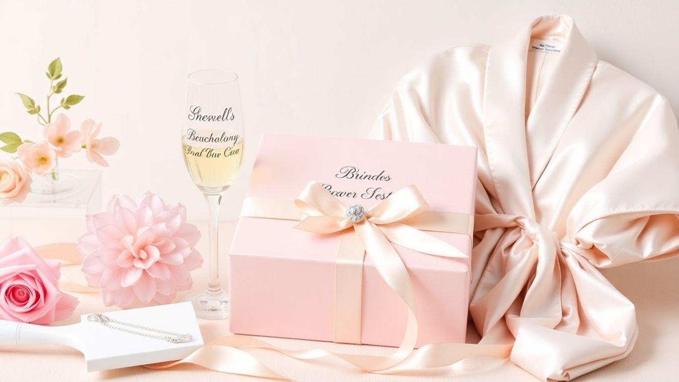Elegant bridal shower gifts including jewelry and a champagne flute.