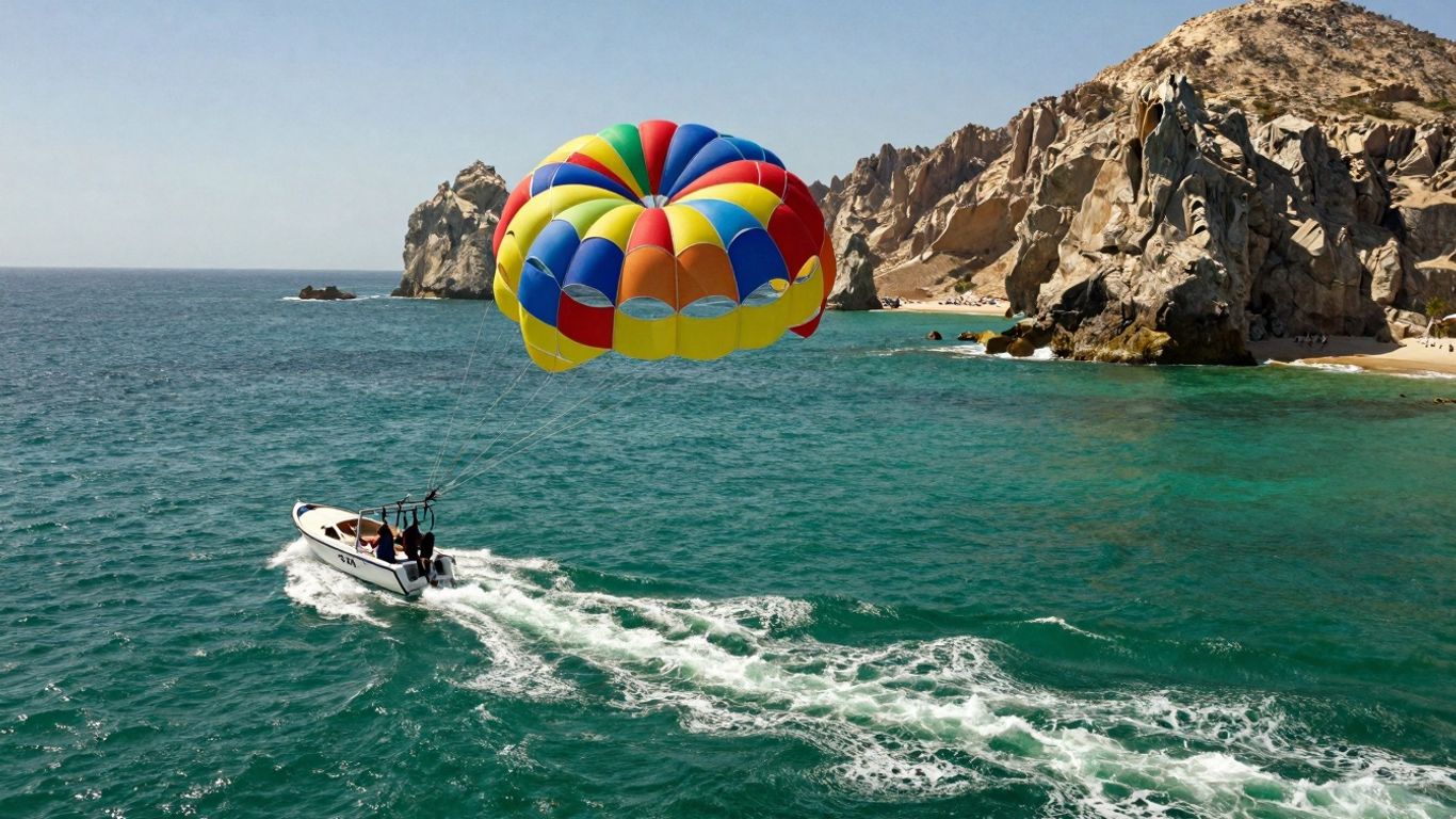 Parasailing over Cabo's turquoise waters with a boat below.