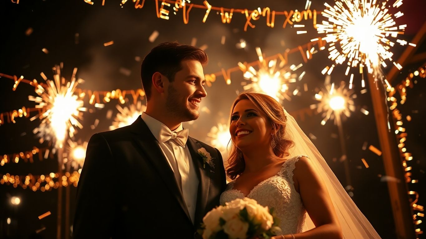 Glamorous couple celebrating New Year's Eve wedding with sparklers.