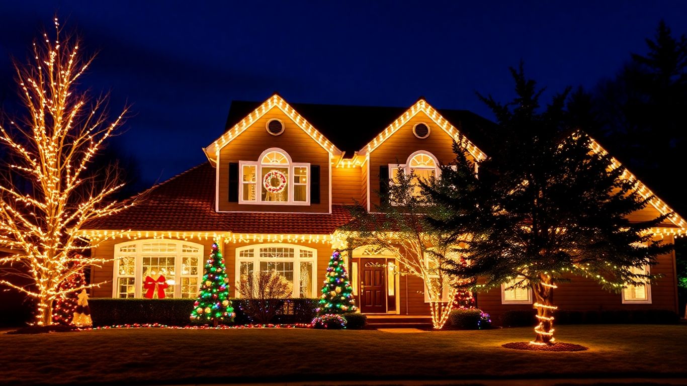 House with permanent Christmas lights glowing at night.