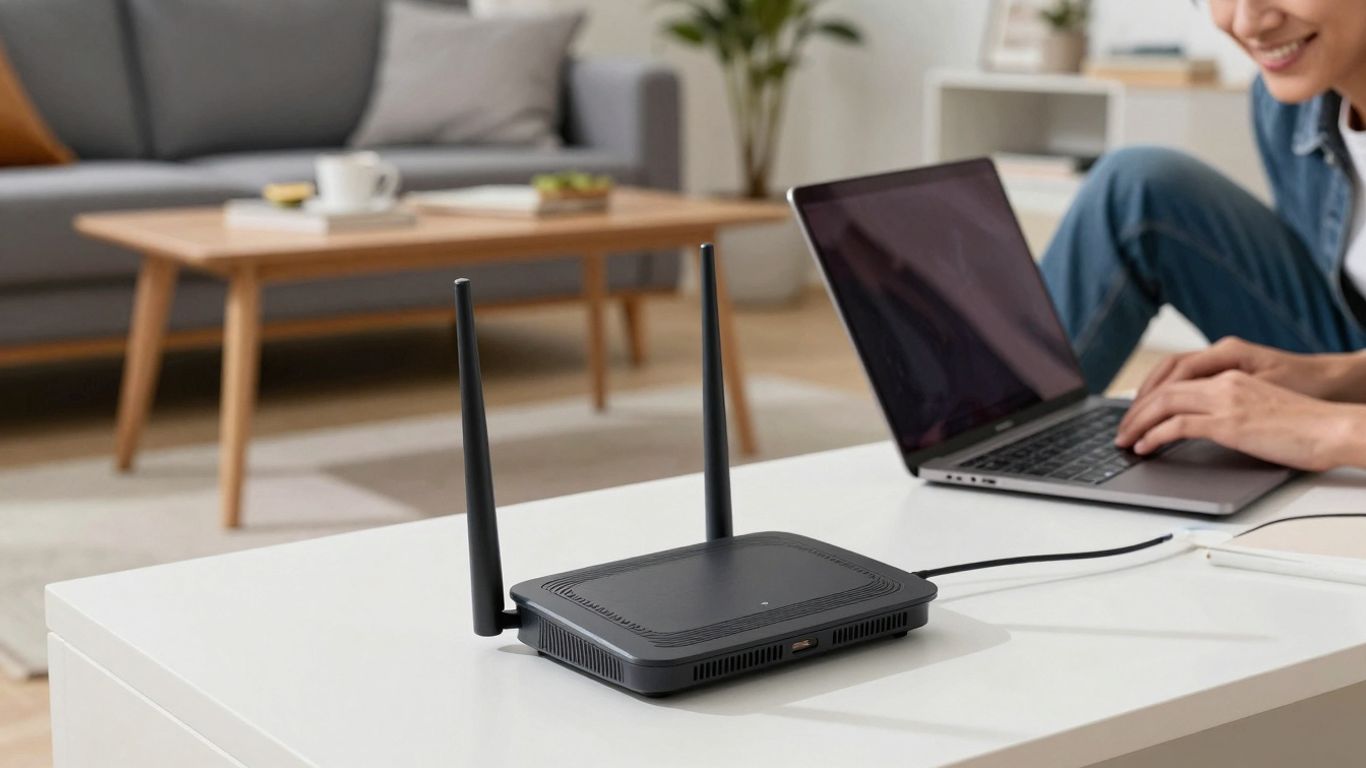 Pessoa feliz usando laptop com Wi-Fi rápido em casa.