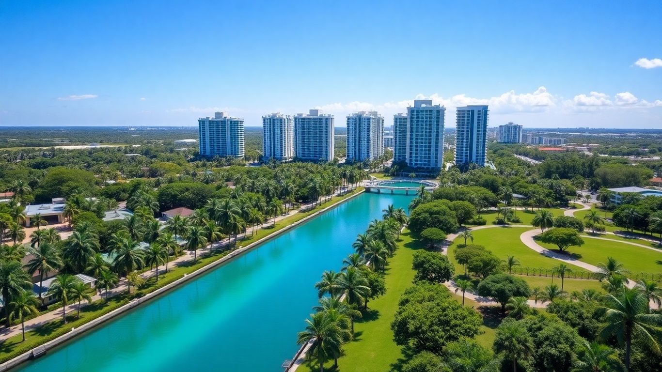 Aventura, Florida cityscape with palm trees and water.