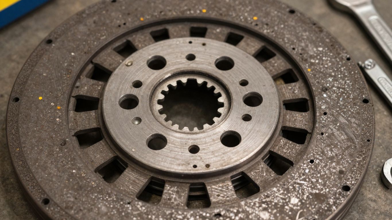 Worn Subaru clutch parts with repair tools.
