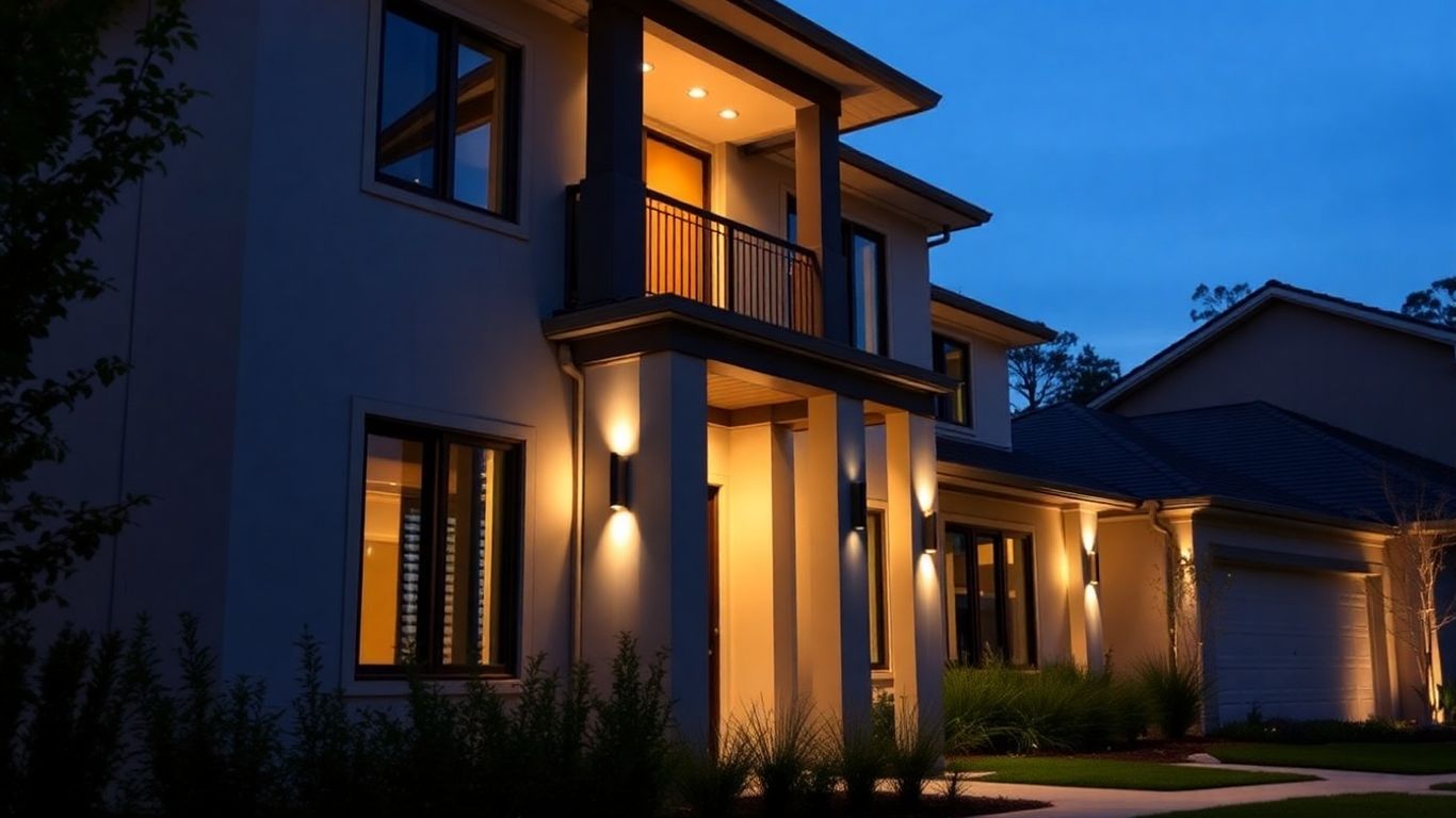 Modern home exterior with dark sky down lights.