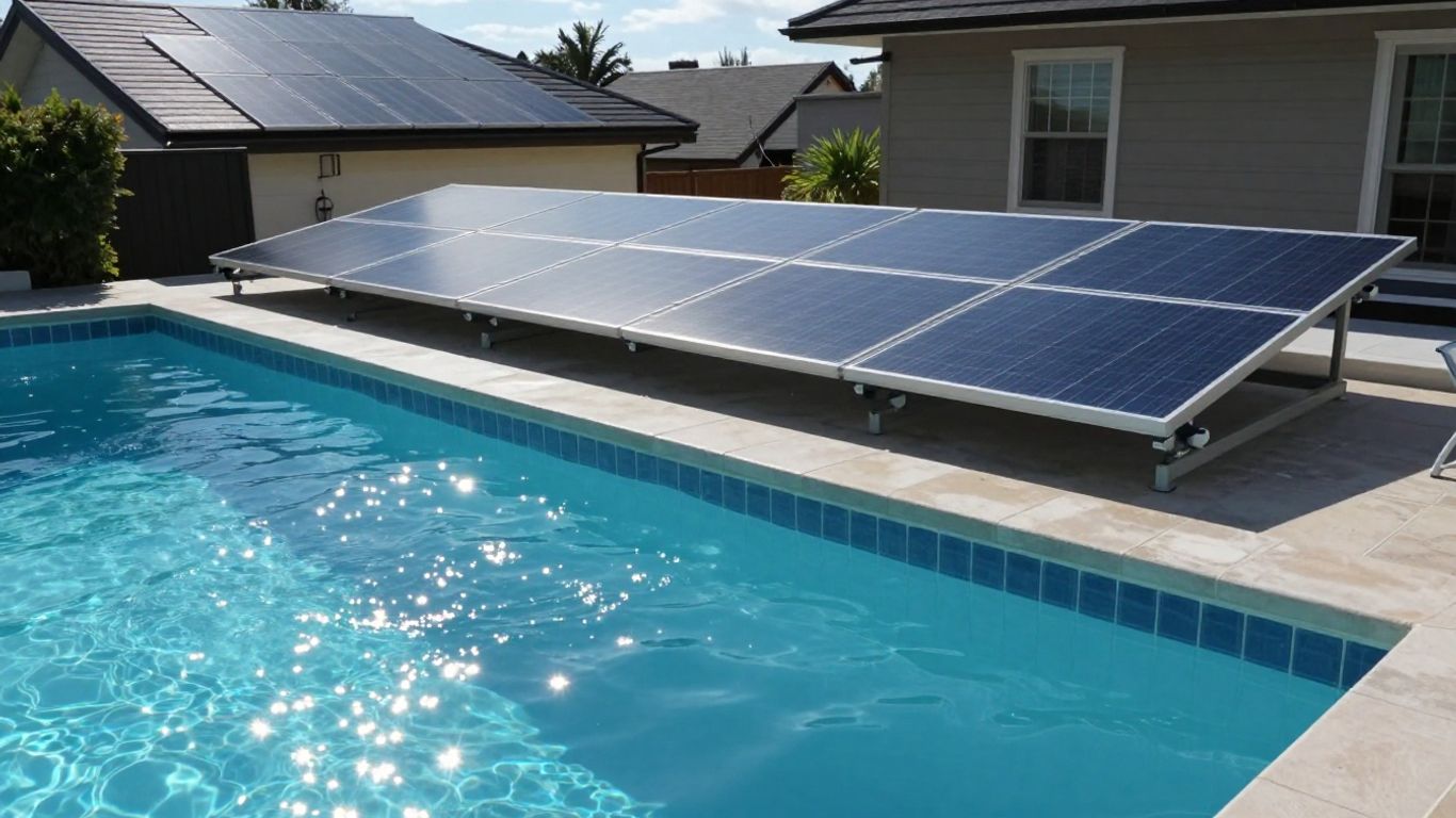 Panneaux solaires sur un toit près d'une piscine ensoleillée.