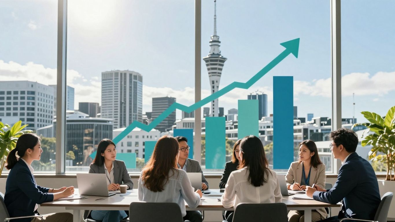 Auckland cityscape with business professionals collaborating.