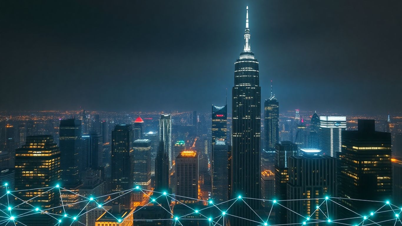 Blockchain network connecting futuristic city buildings.