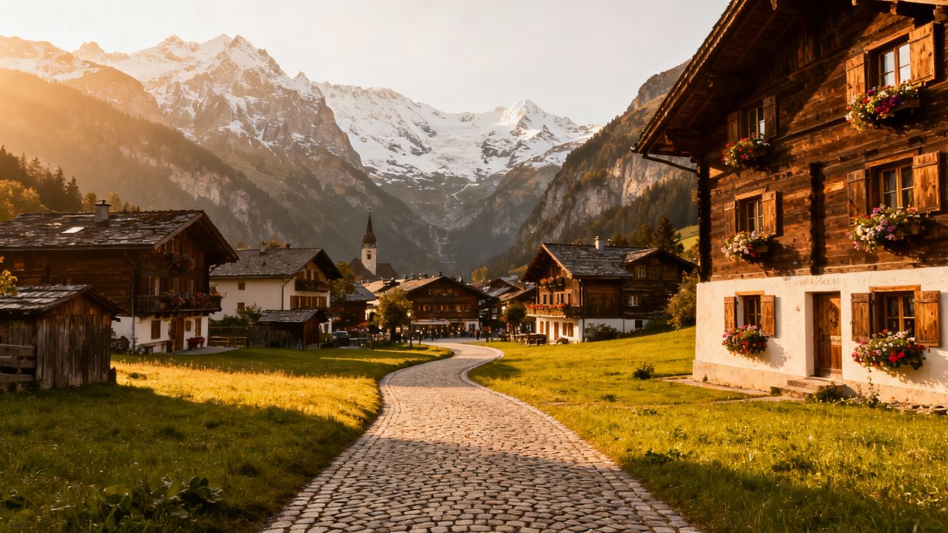 Hidden alpine village with chalets and mountains.