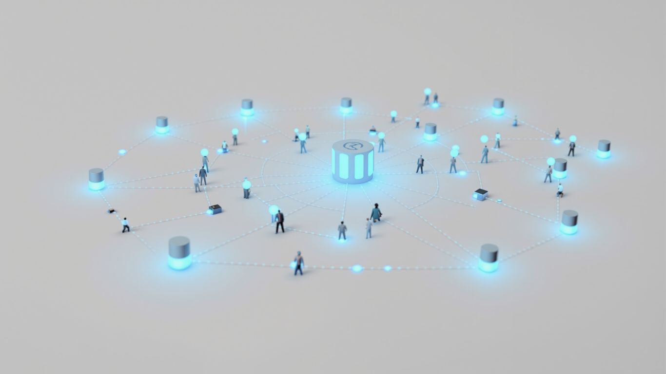 Interconnected digital nodes on a white background.