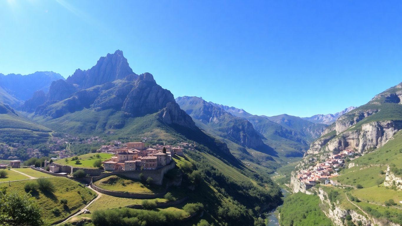 Majestosas montanhas de Huesca e vila antiga sob um céu claro.