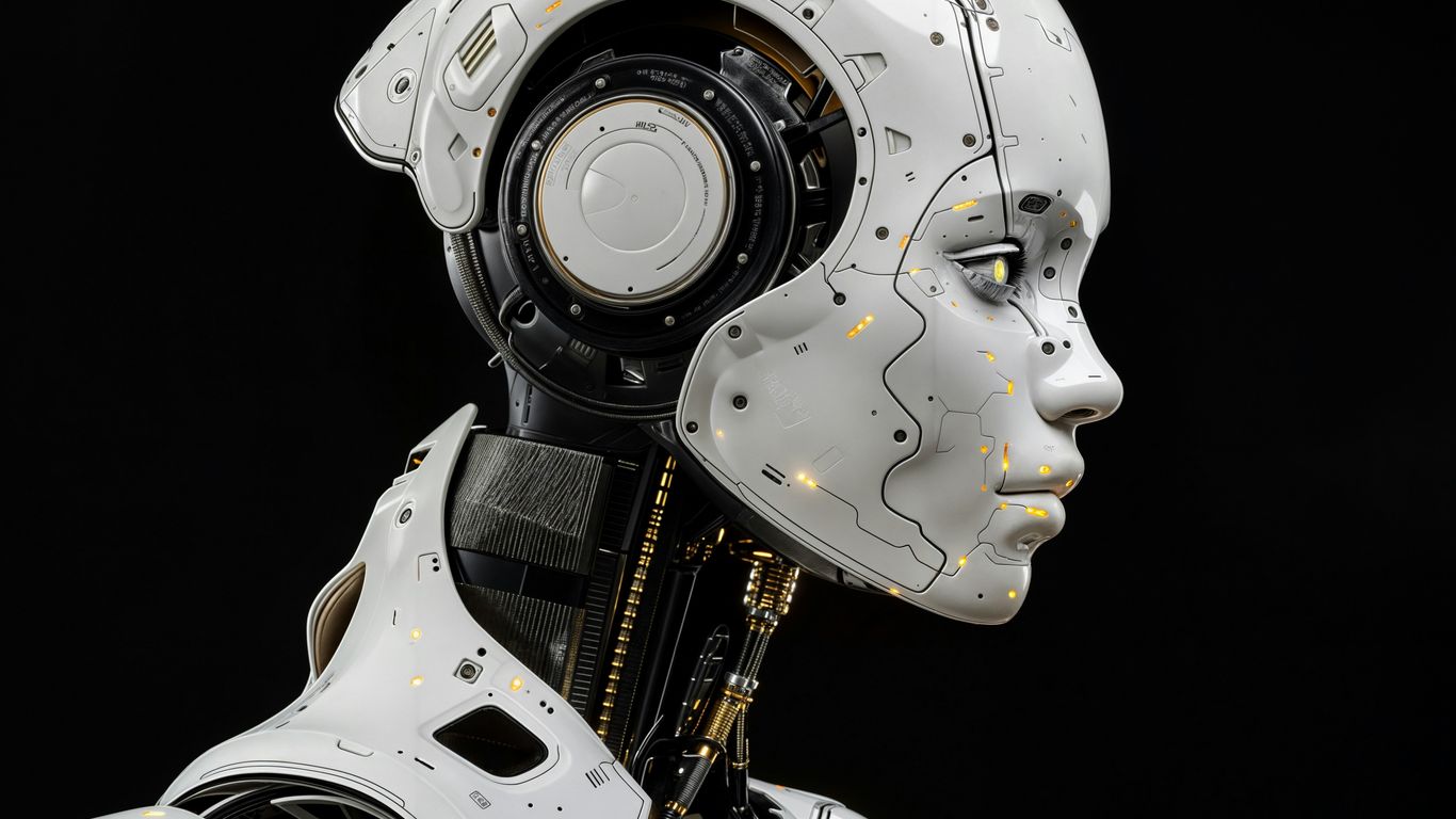 A white robot is standing in front of a black background