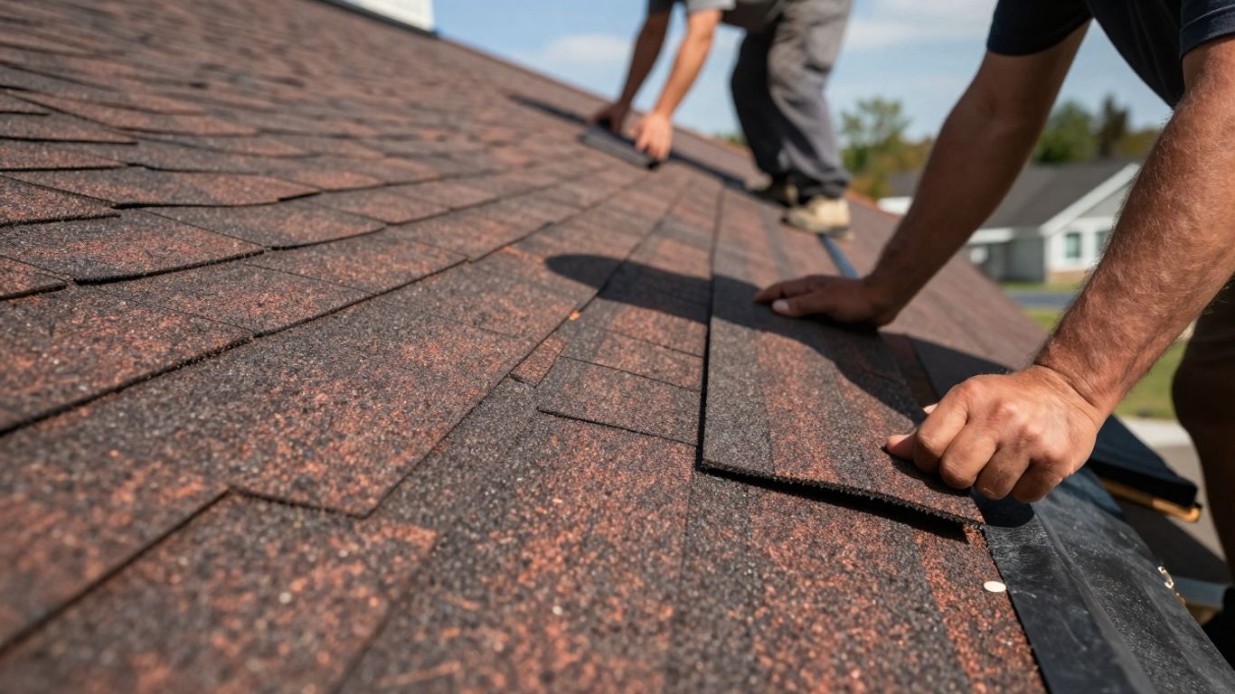 New roof shingles being installed on a house.
