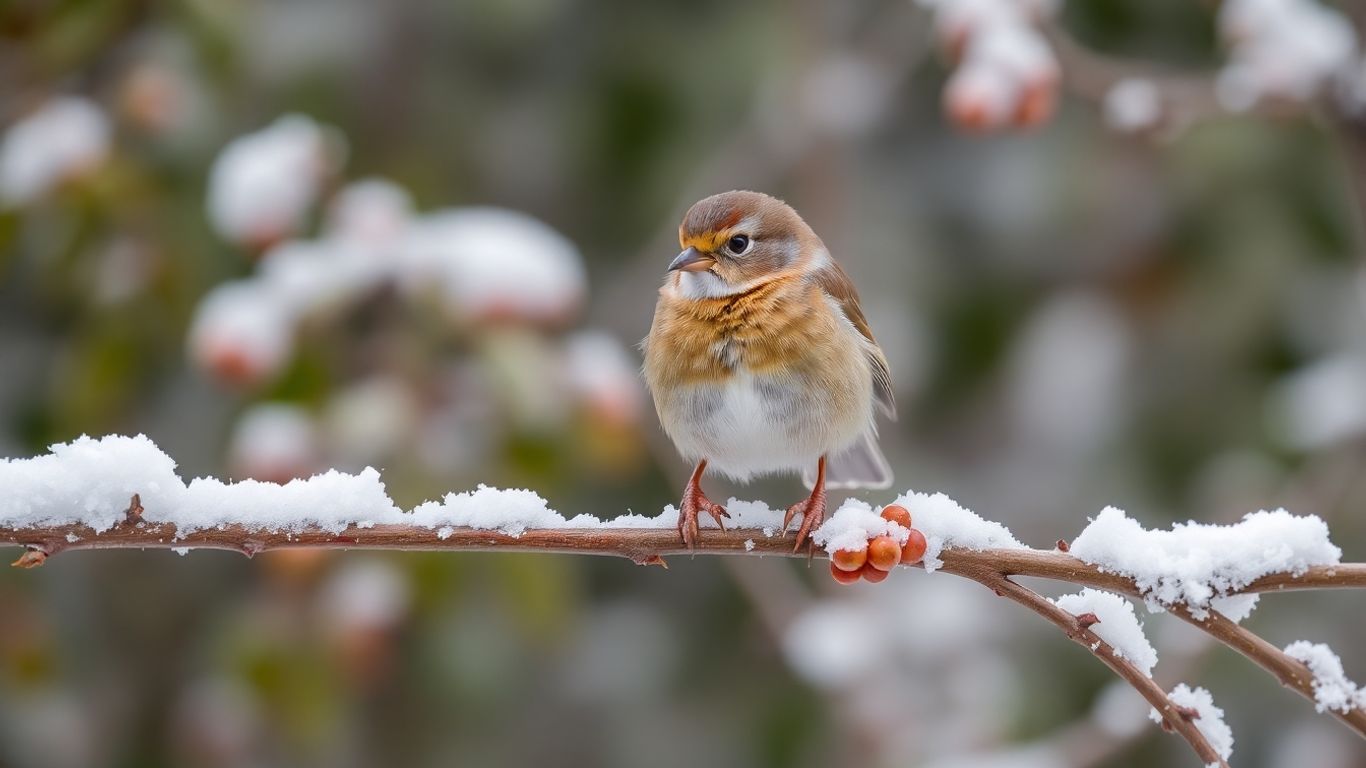 Kleiner Vogel auf einem Ast mit Samen im Wintergarten.