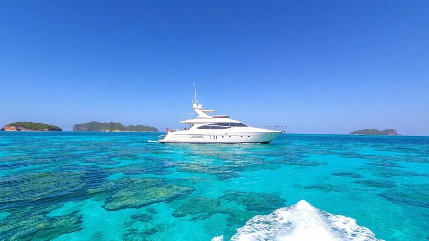 Yacht sailing in Exuma's clear turquoise waters near islands.