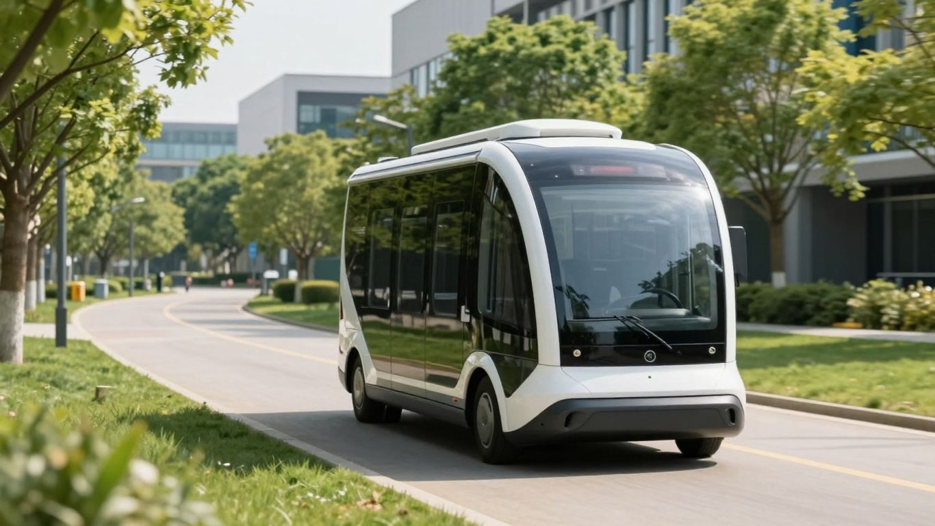 Autonomous shuttle driving on a path.