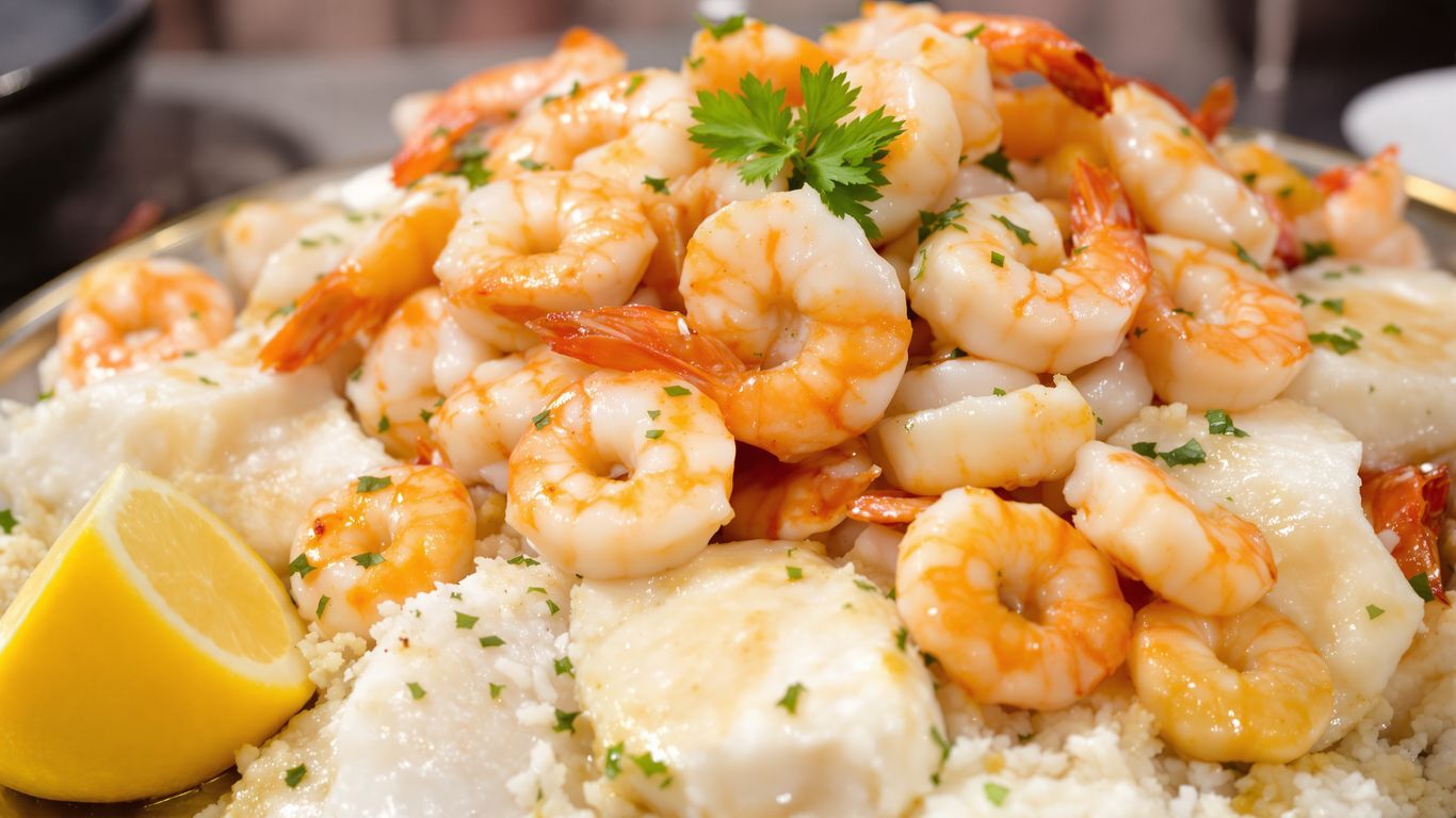 Platter of fresh shrimp and fish with lemon.