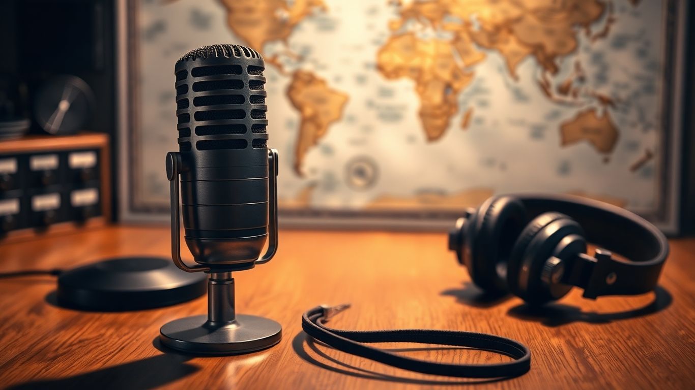 Micrófono y auriculares sobre mesa estilo estudio vintage