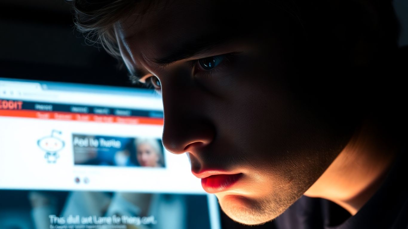 Person looking worried at Reddit on a laptop.