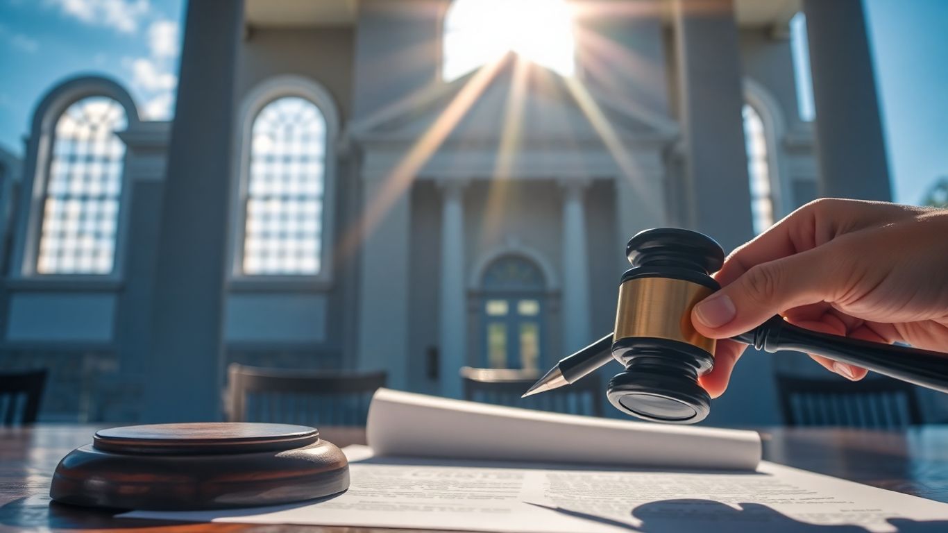 Savannah courthouse with gavel and legal documents.