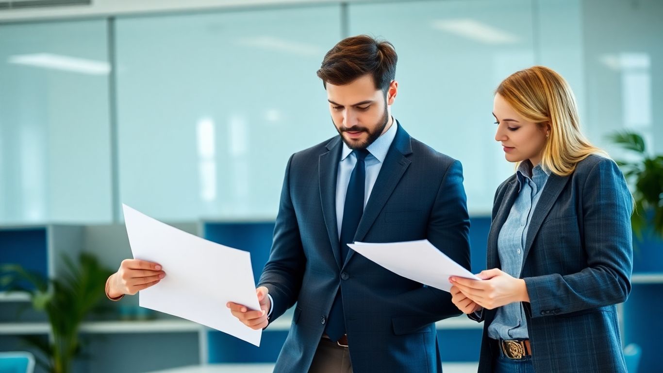Zwei Personen besprechen Dokumente in einem Büro.