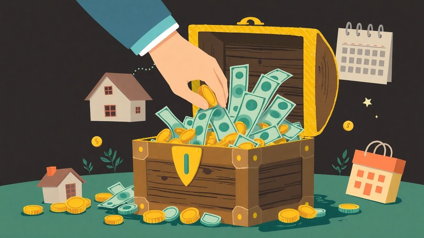 Treasure chest overflowing with money and coins.